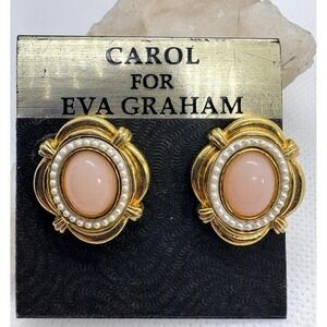 Carol For‎ Eva Graham Pink Cabochon Pearl Pierced Earrings Gold Tone Vintage
